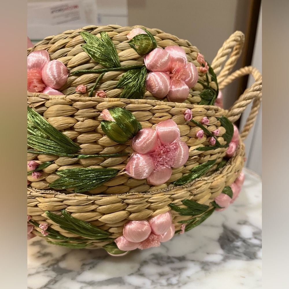 Vintage Handmade LINROSE Floral Baskets. Raffia Wicker